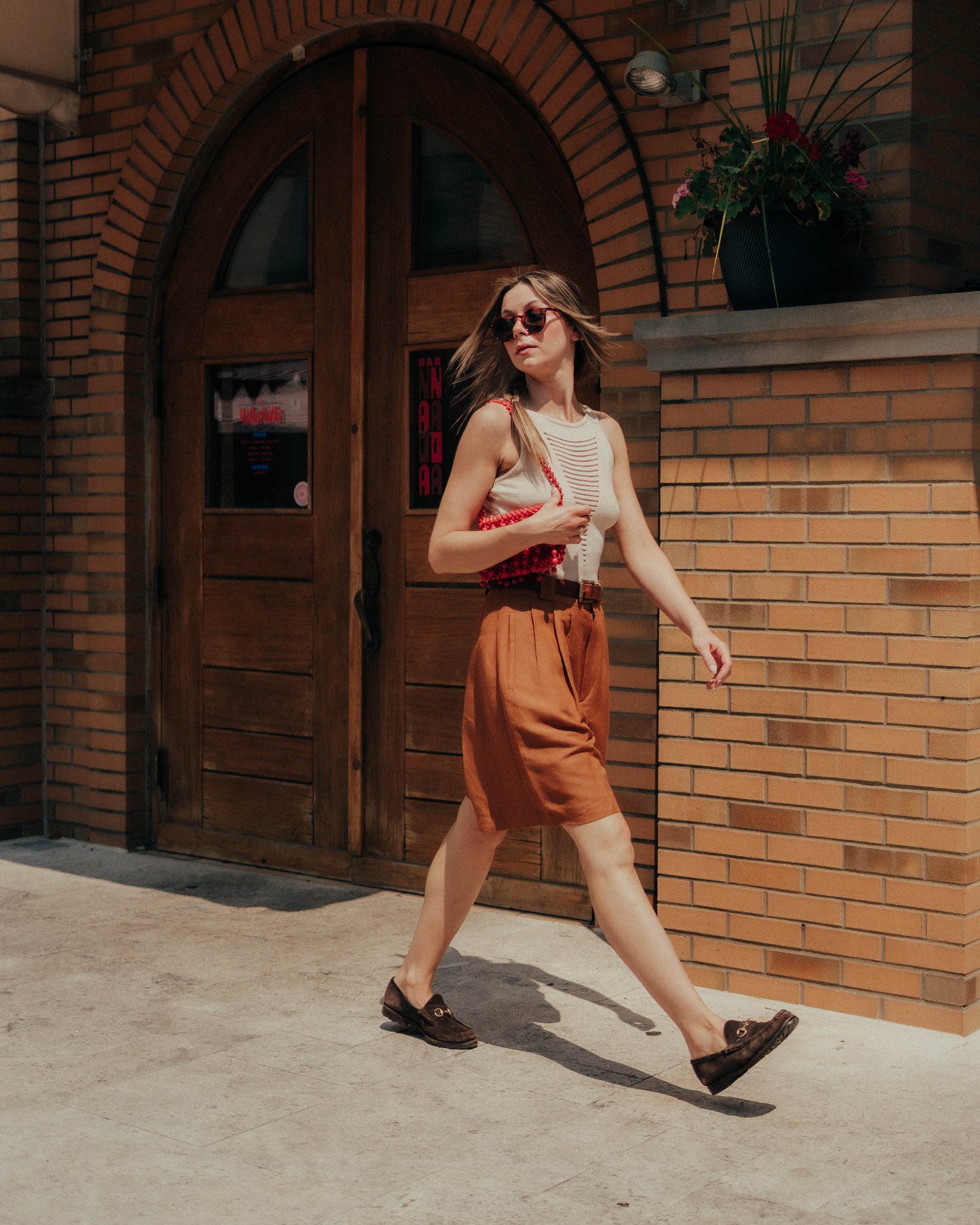 Beige knit tank with sheer strips
