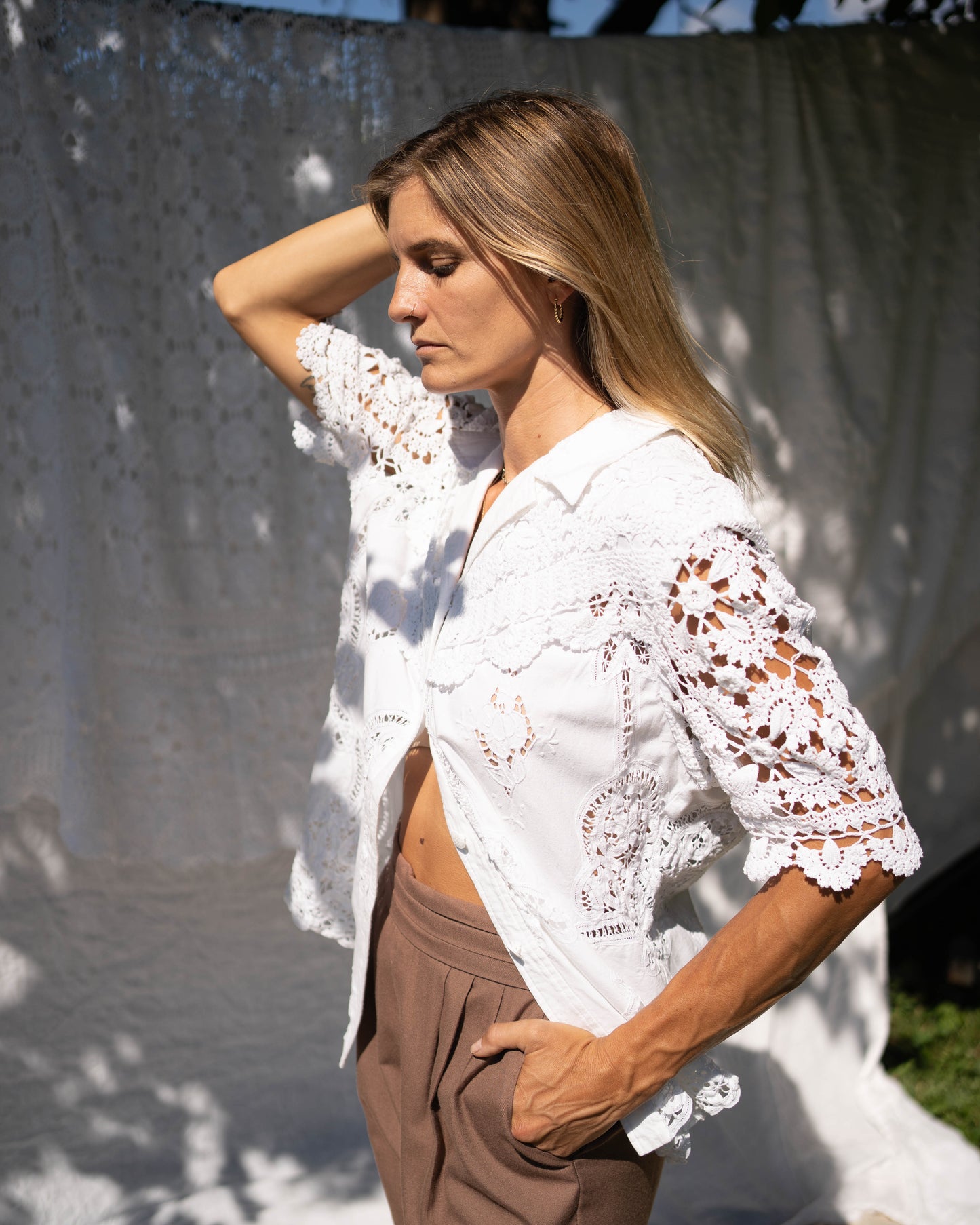 Lim's white crochet & cutwork shirt