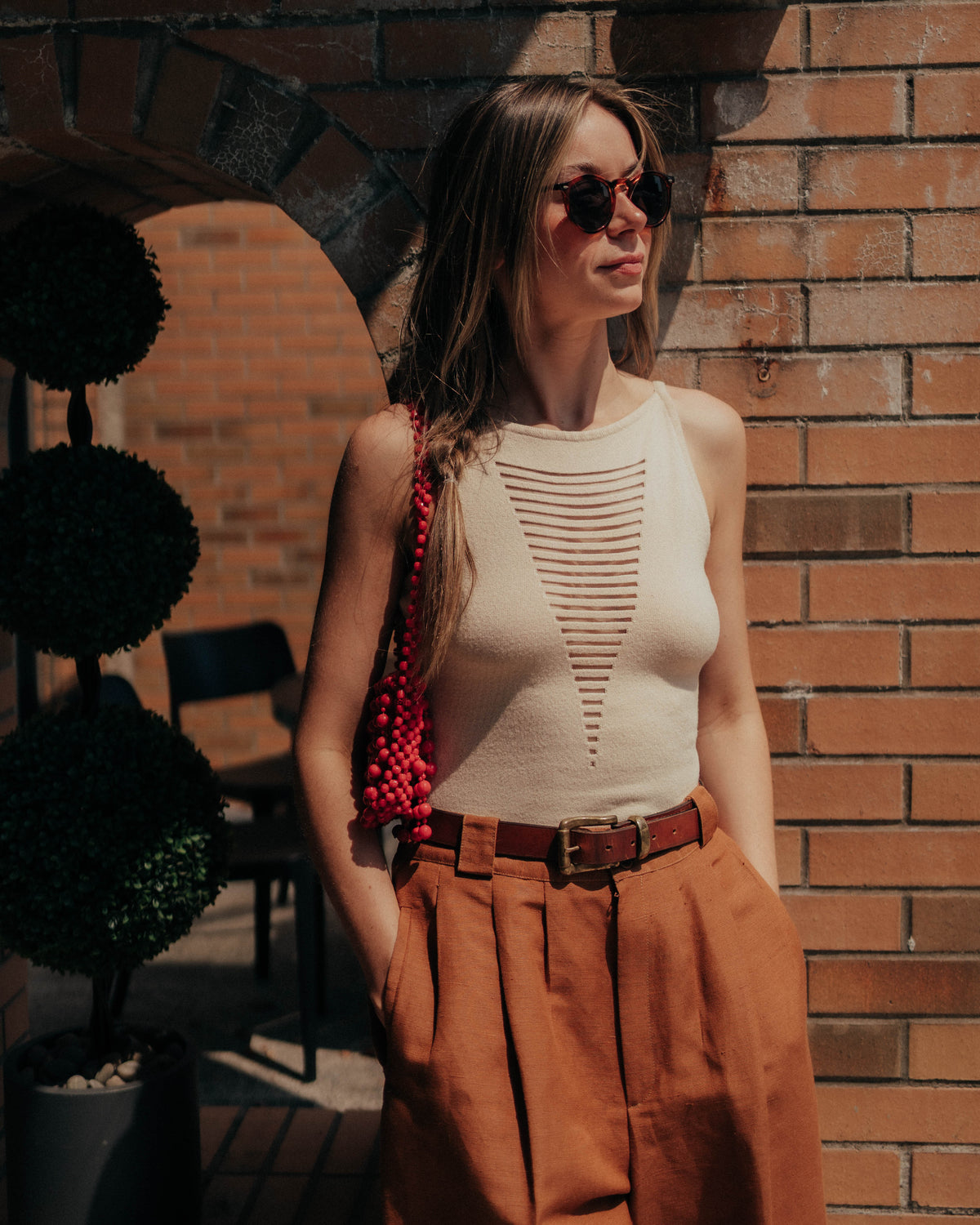 Beige knit tank with sheer strips