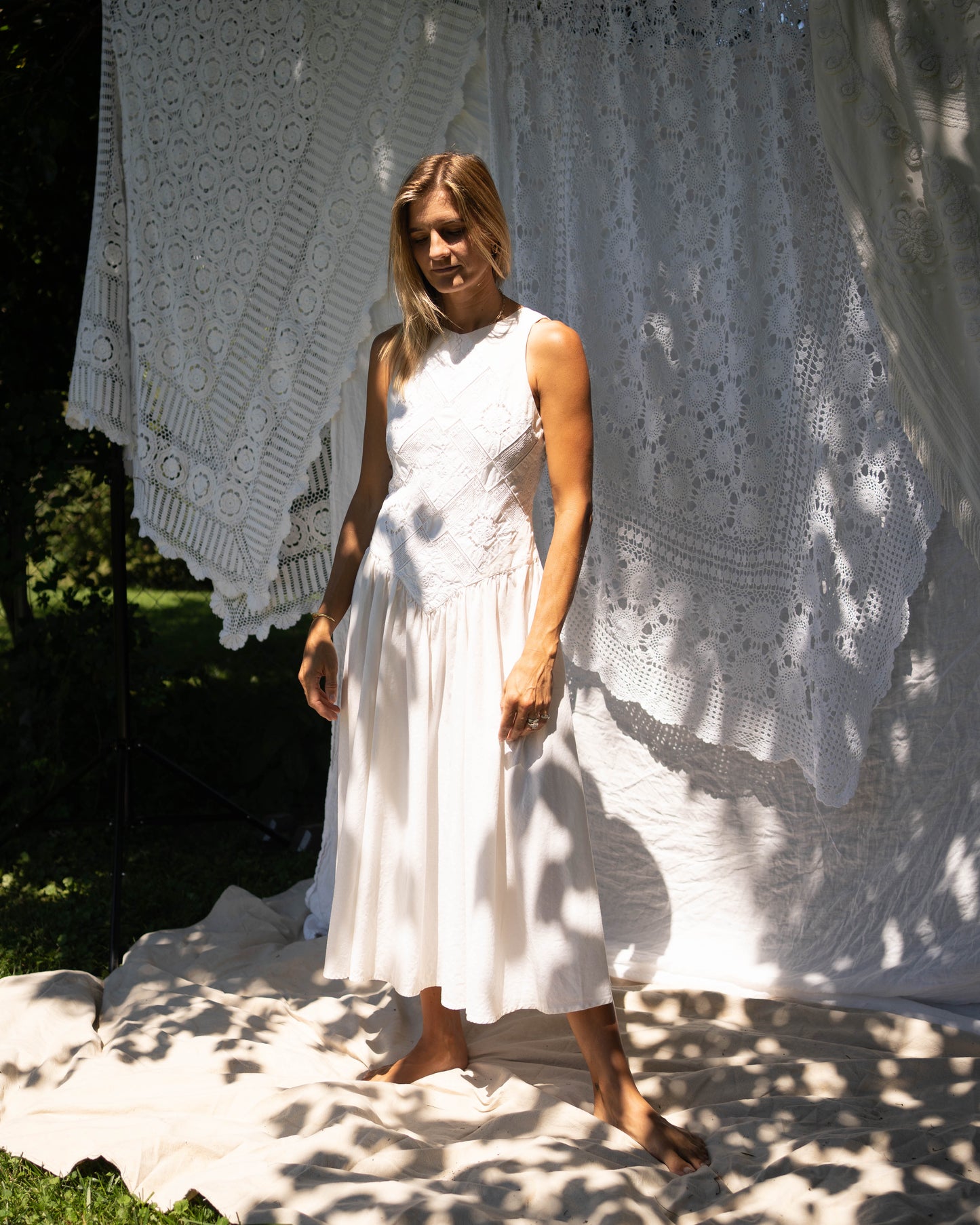 White ramie cutwork-front drop waist dress