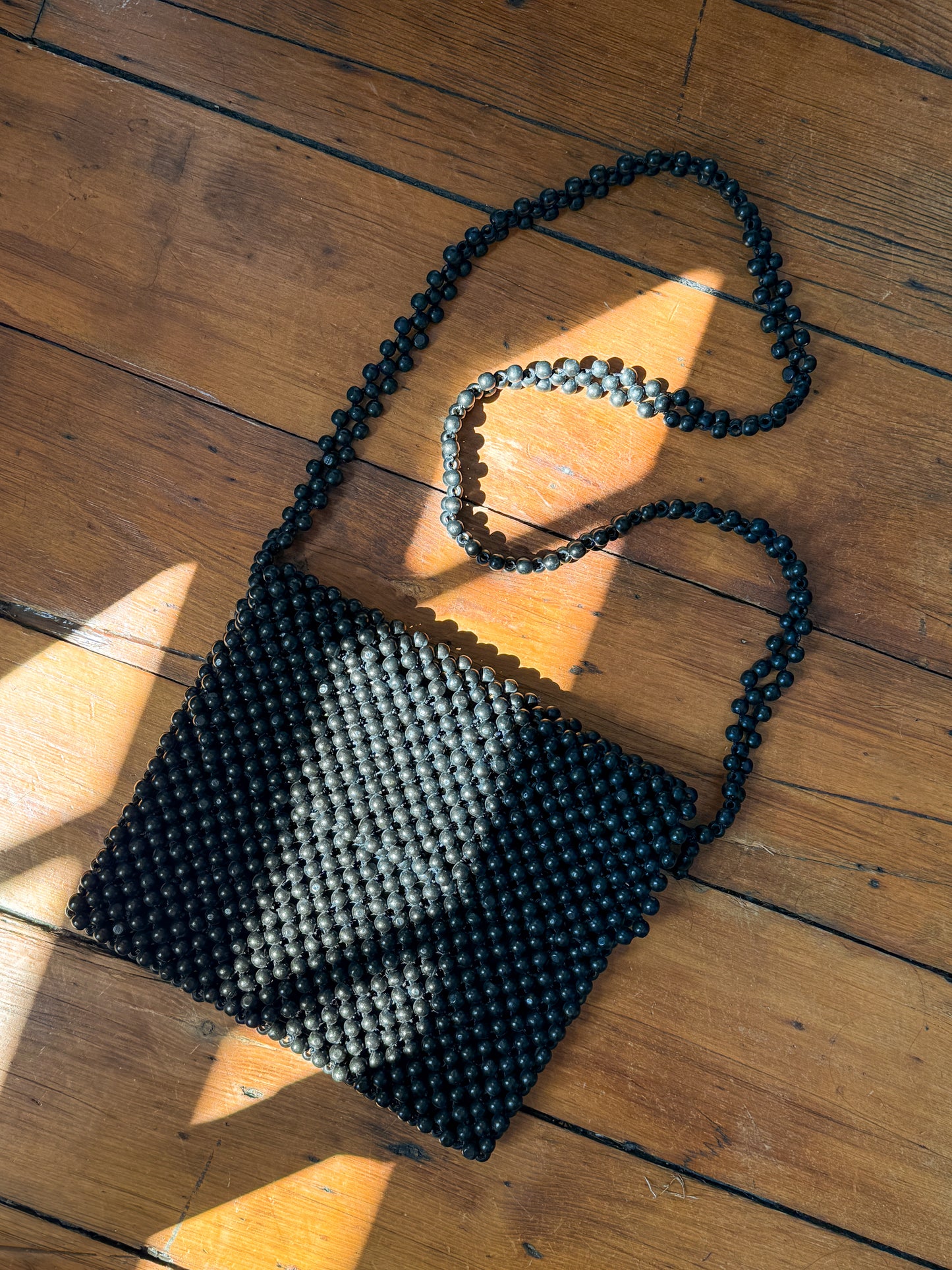 Black wood bead crossbody purse