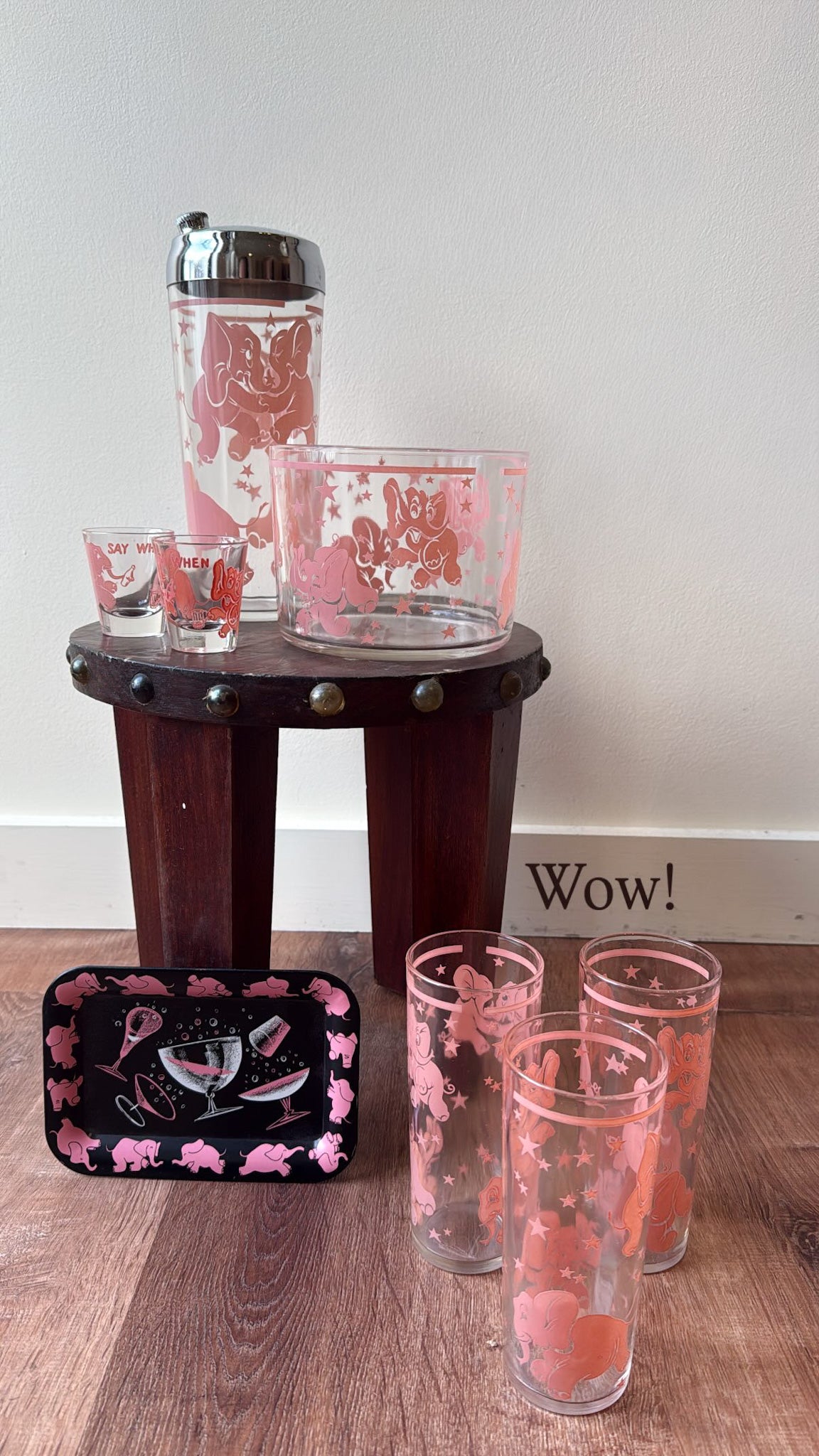 Hazel Atlas dancing pink elephant bar set (incredibly rare)