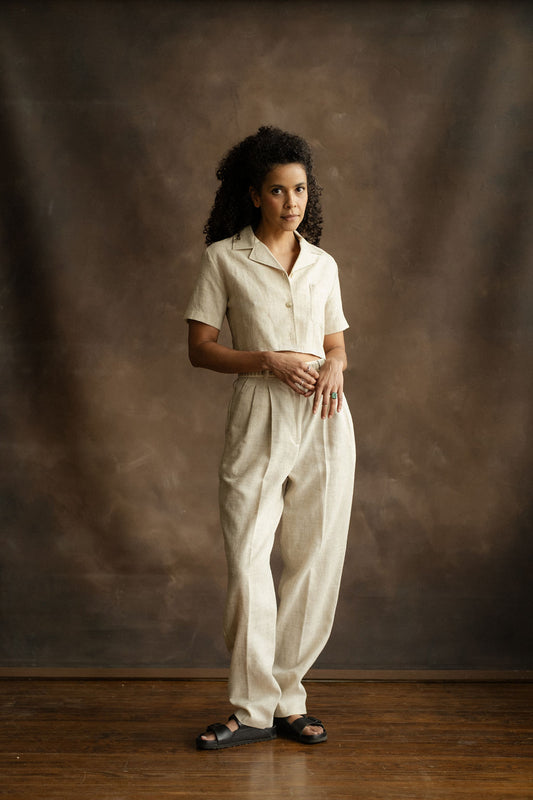Oatmeal linen blend crop top & pant set