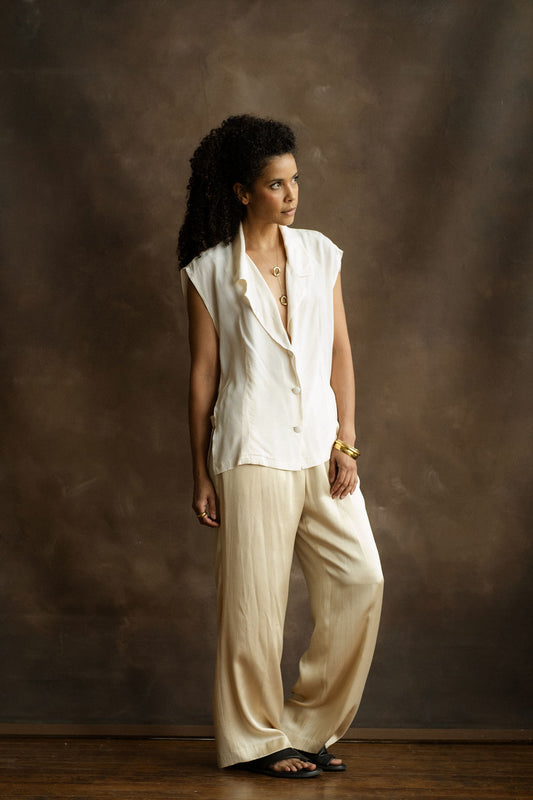 Cream silk charmeuse wide leg pants