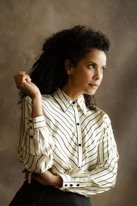 Cream & black pinstripe silk charmeuse blouse