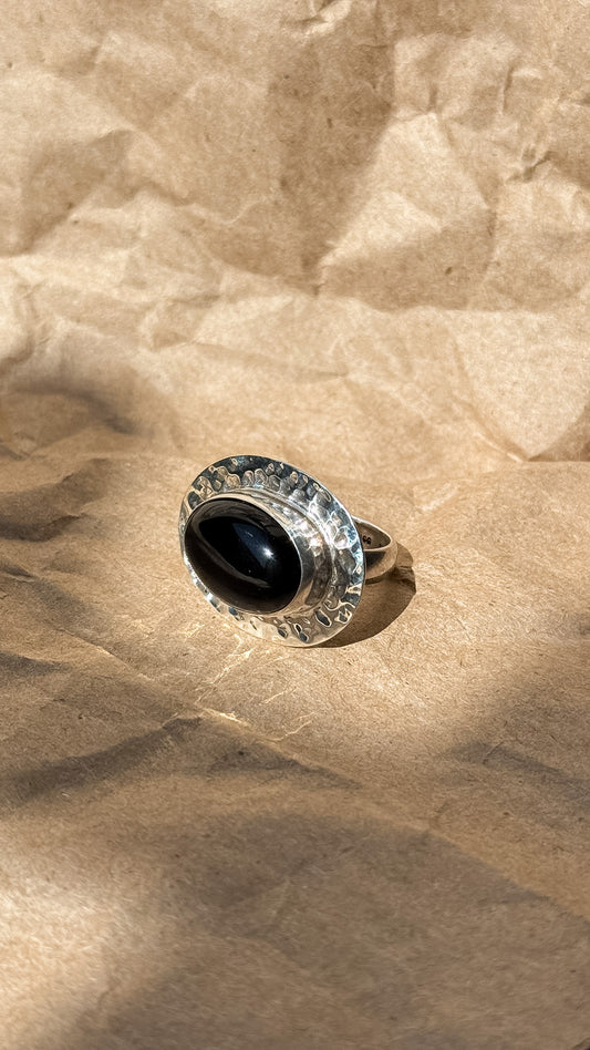 Sterling silver & onyx hammered shield ring
