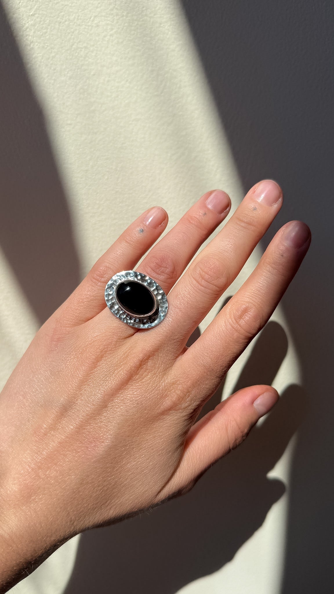 Sterling silver & onyx hammered shield ring