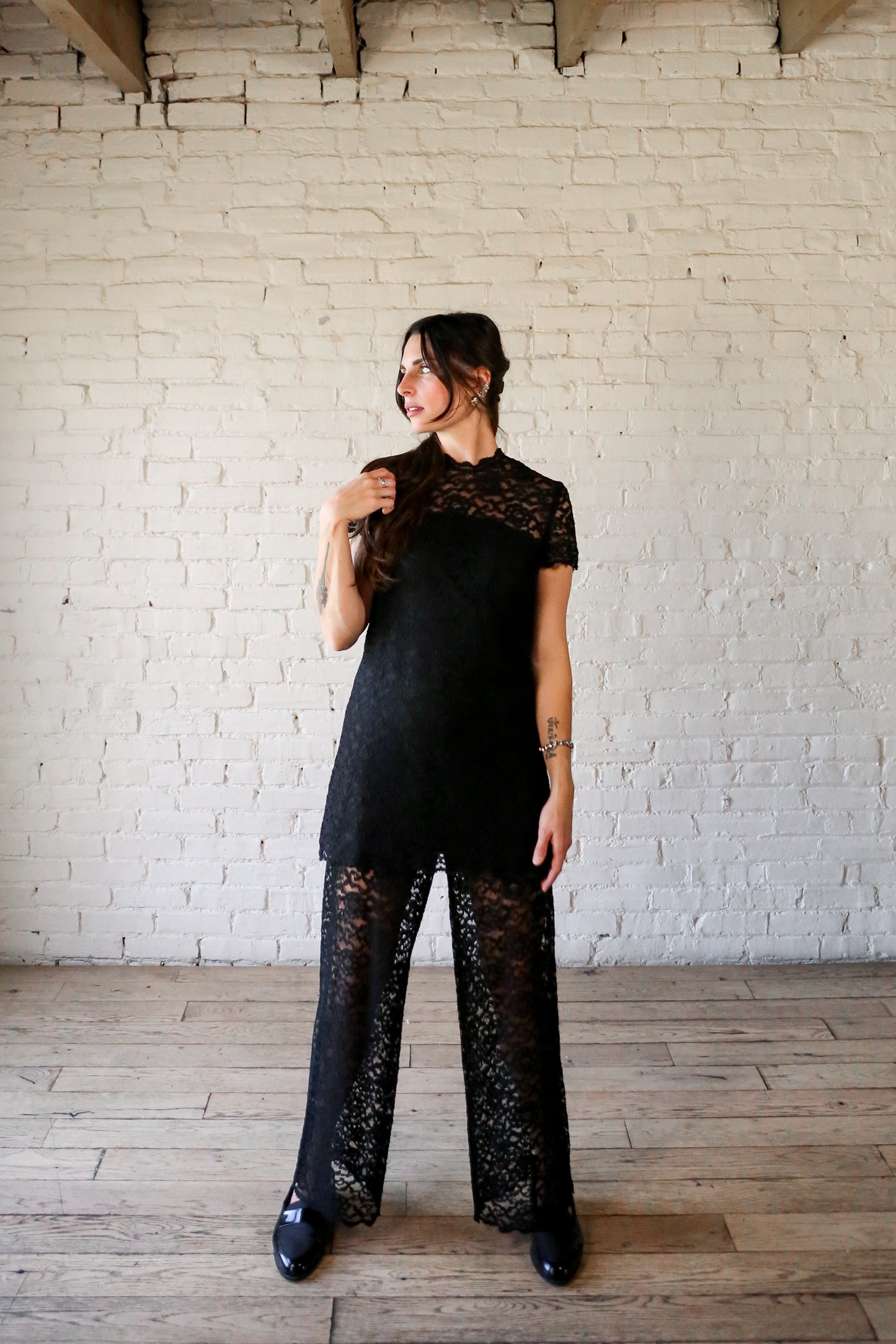 1960s black lace tunic and sheer pant set