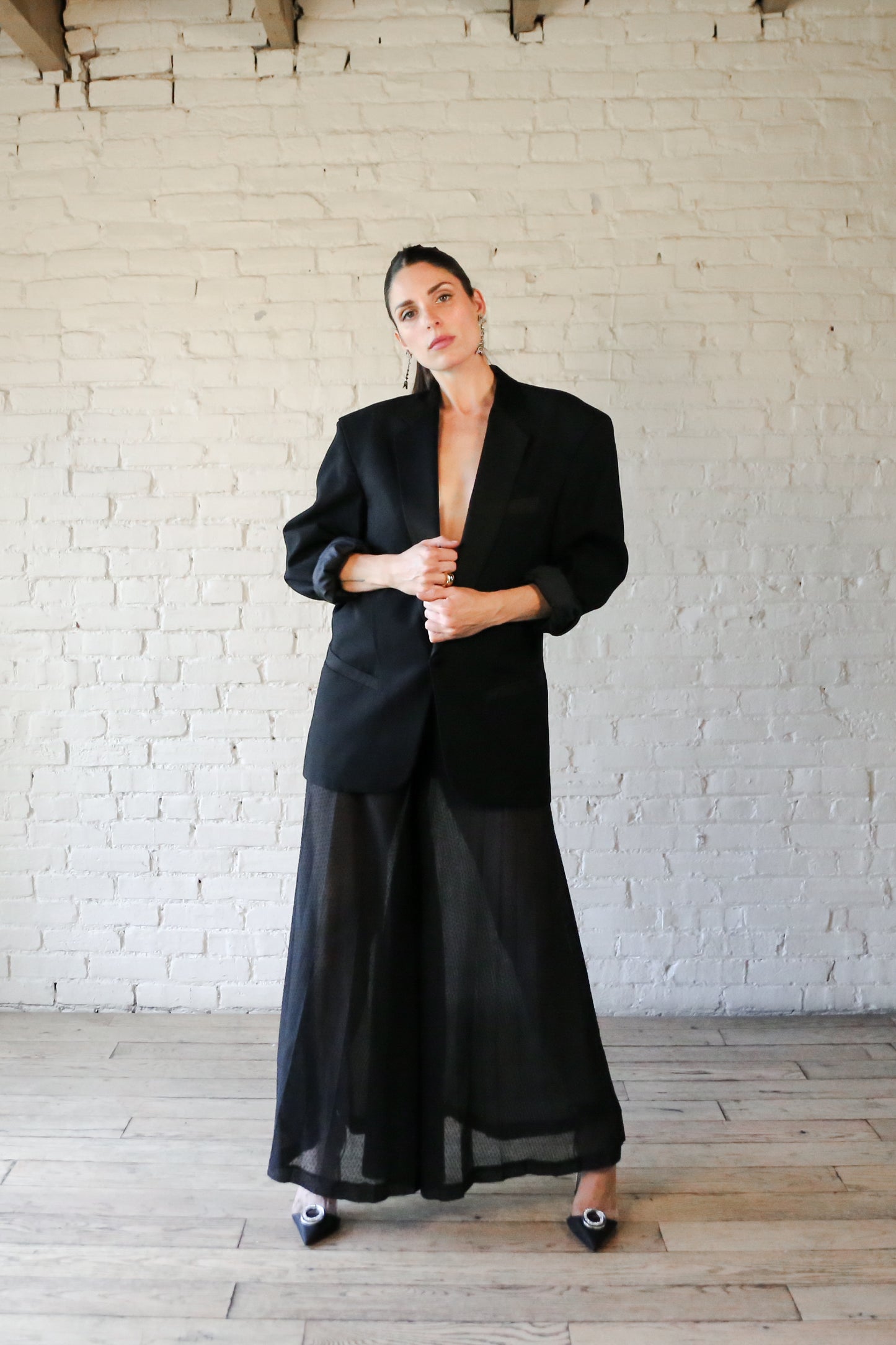 Black sheer swiss dot palazzo pants