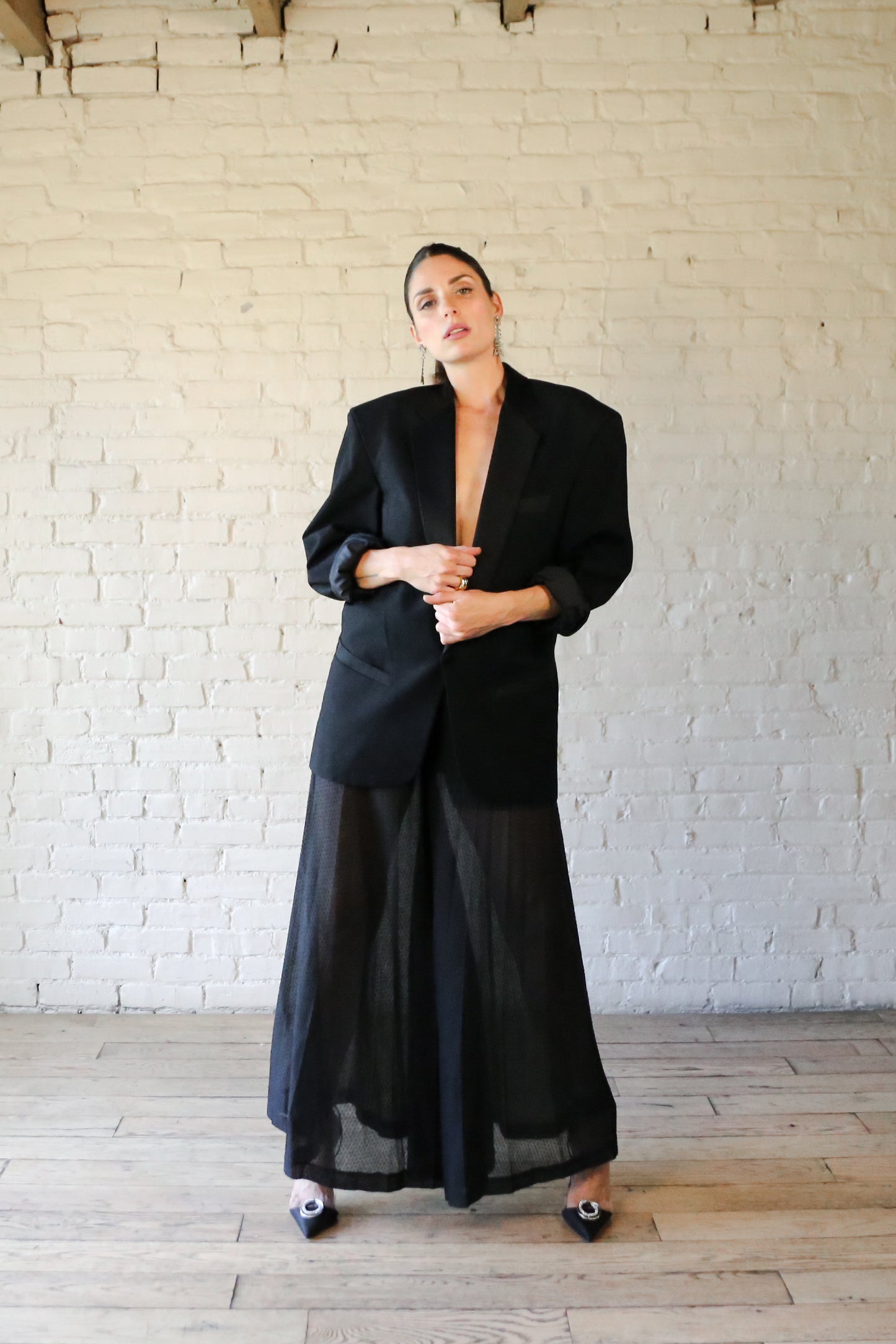 Black sheer swiss dot palazzo pants