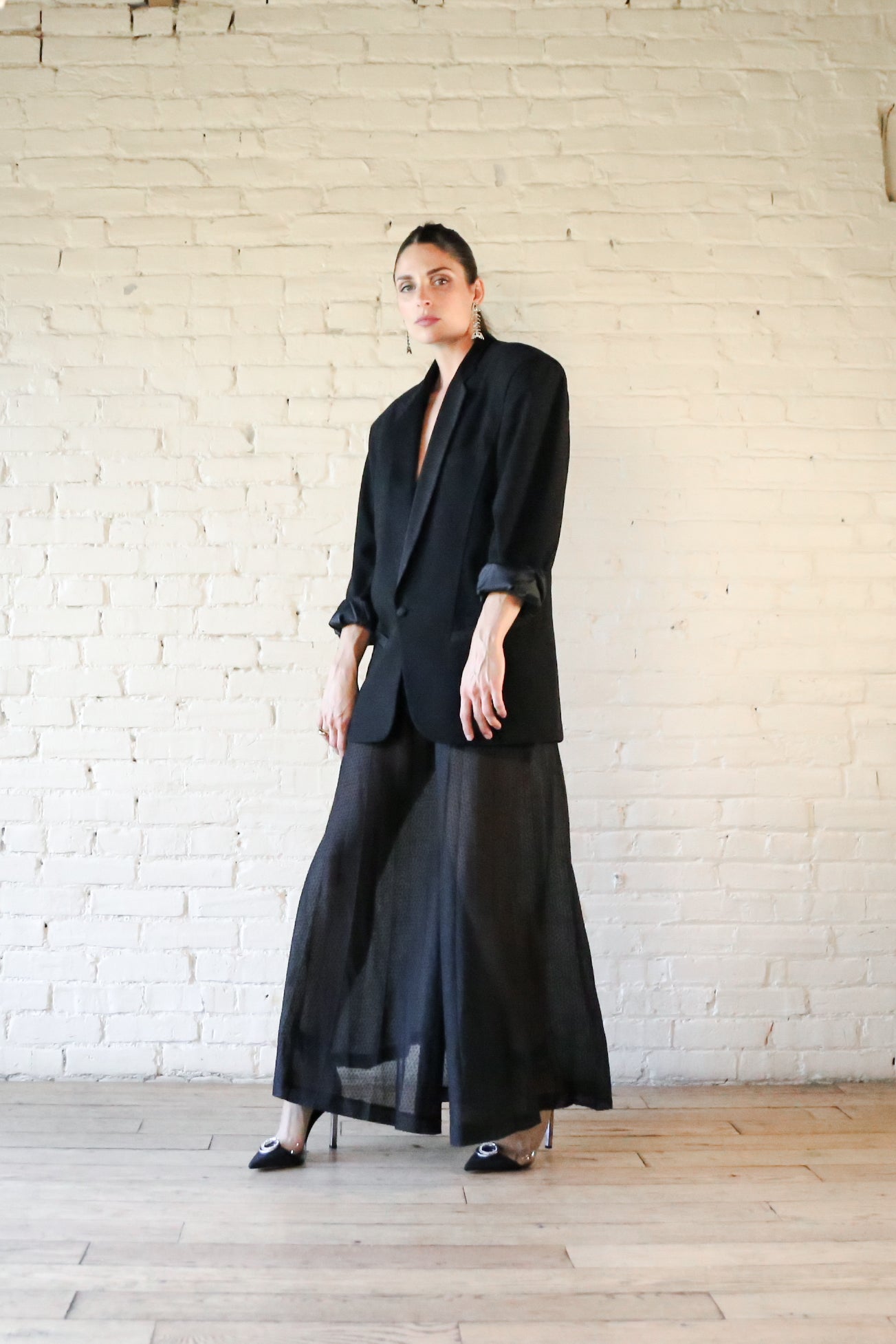 Black sheer swiss dot palazzo pants