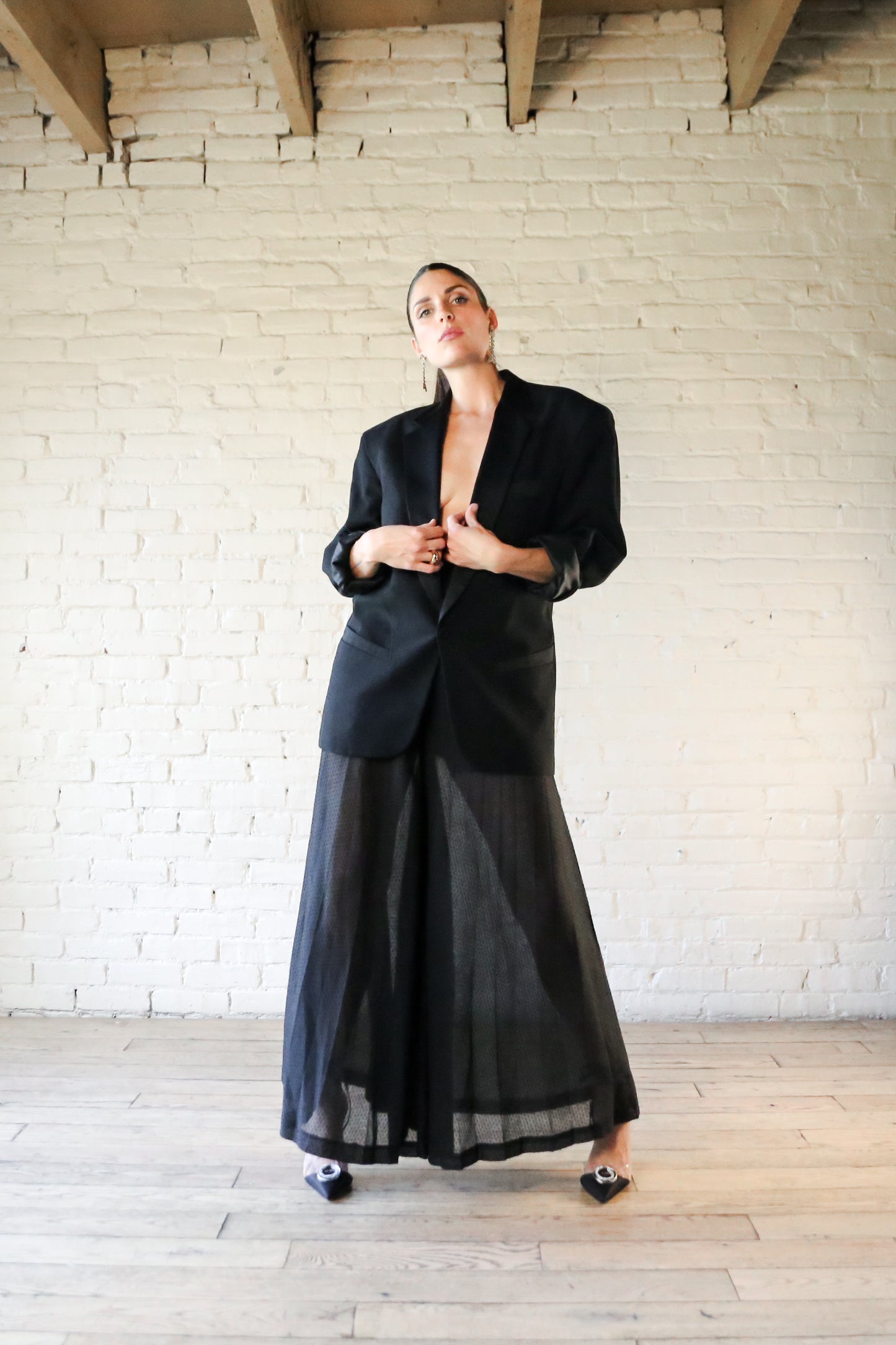 Black sheer swiss dot palazzo pants