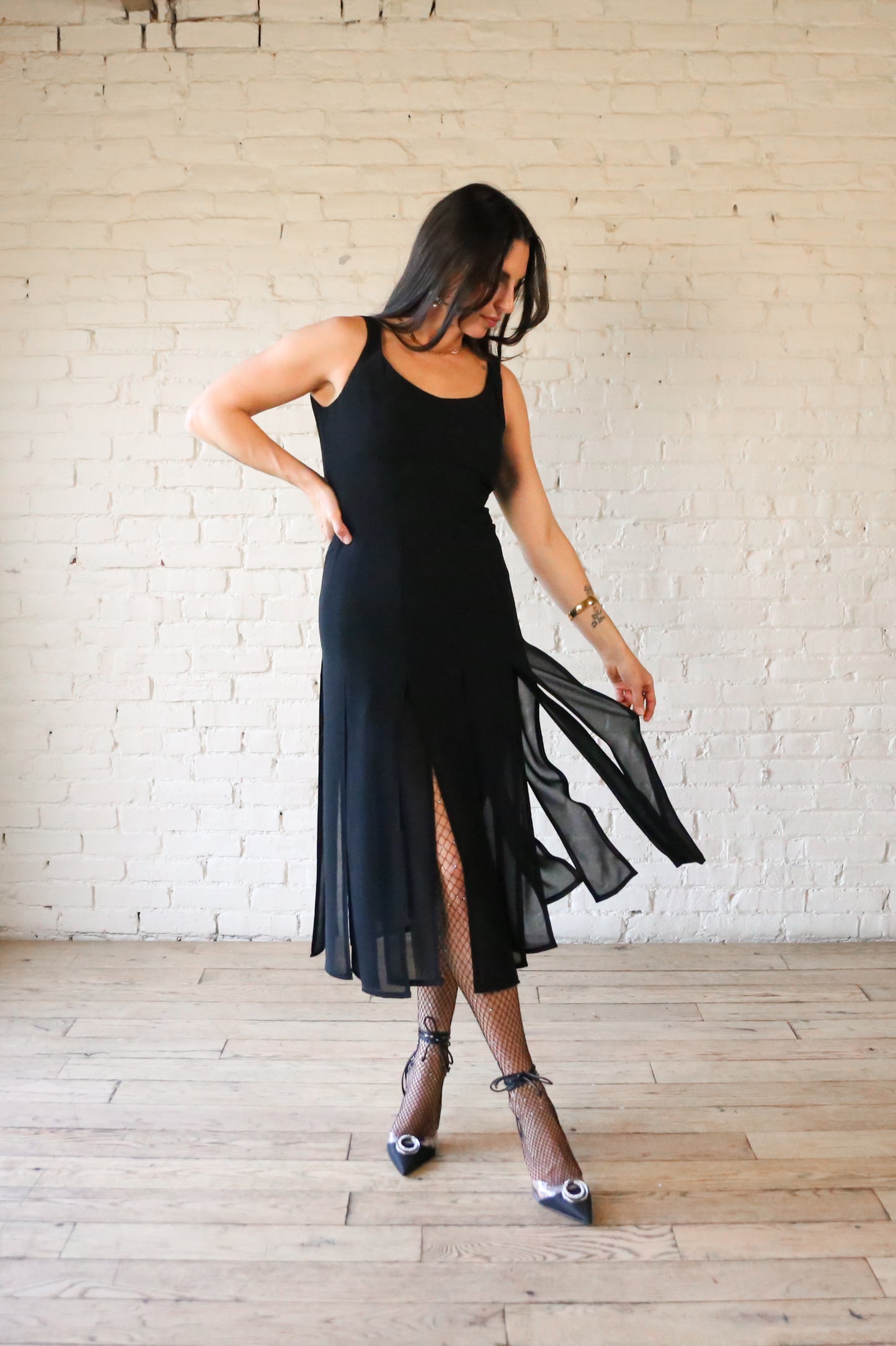 Black crepe chiffon car wash hem dress