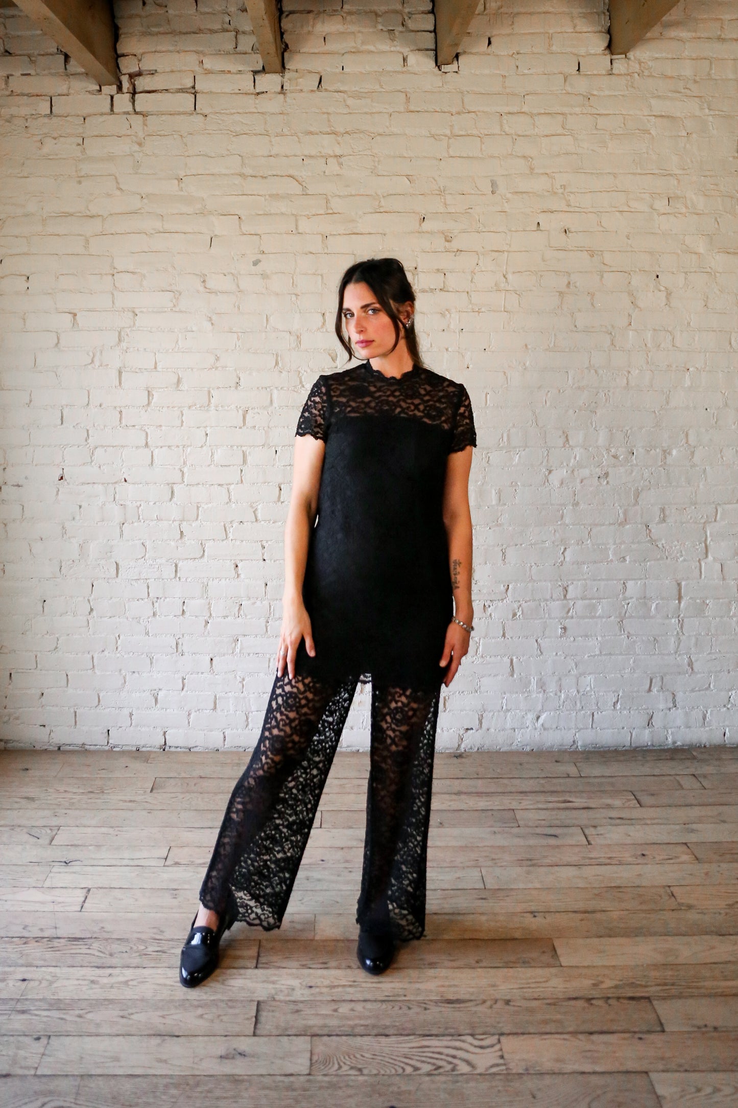 1960s black lace tunic and sheer pant set