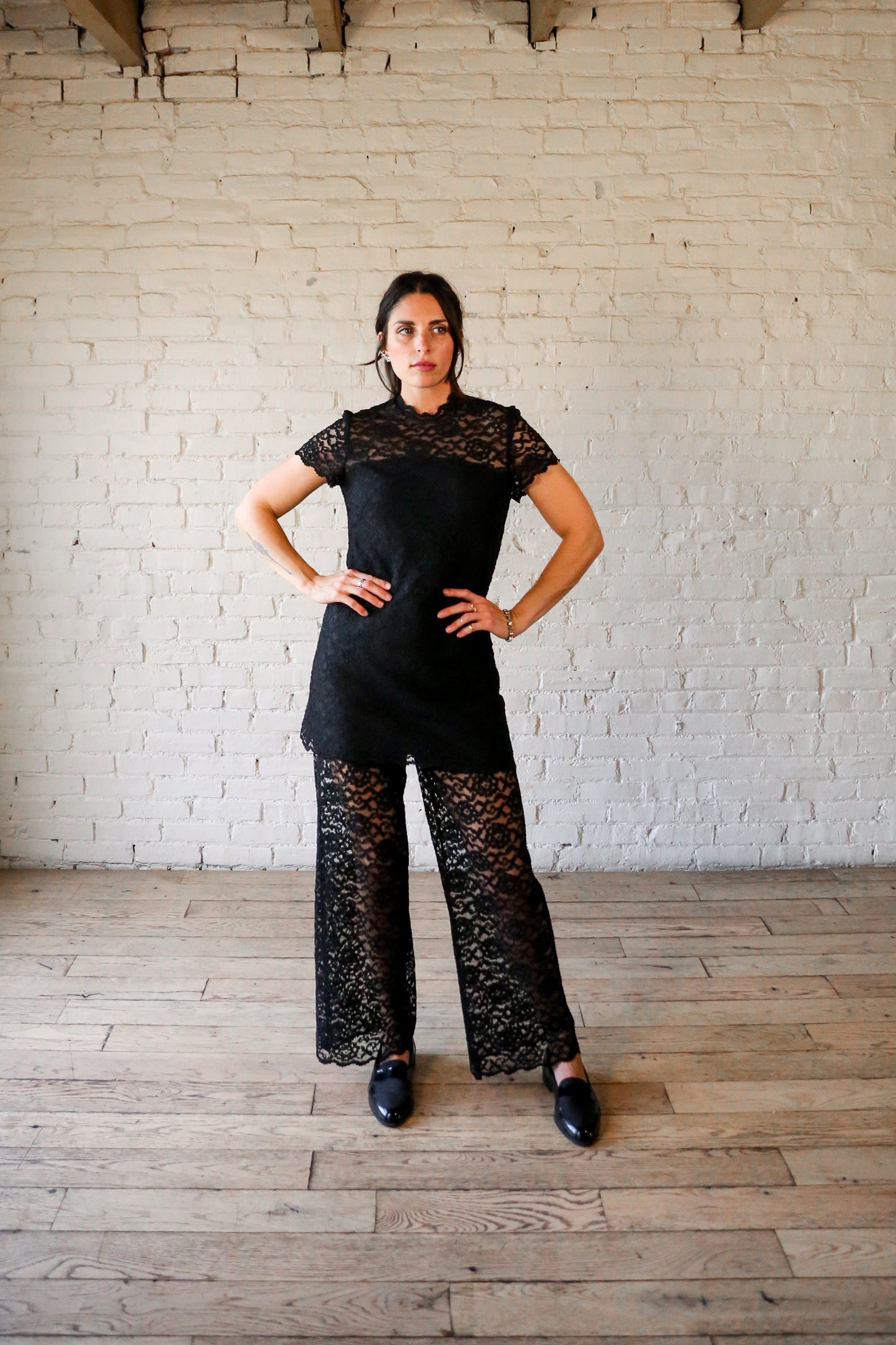 1960s black lace tunic and sheer pant set