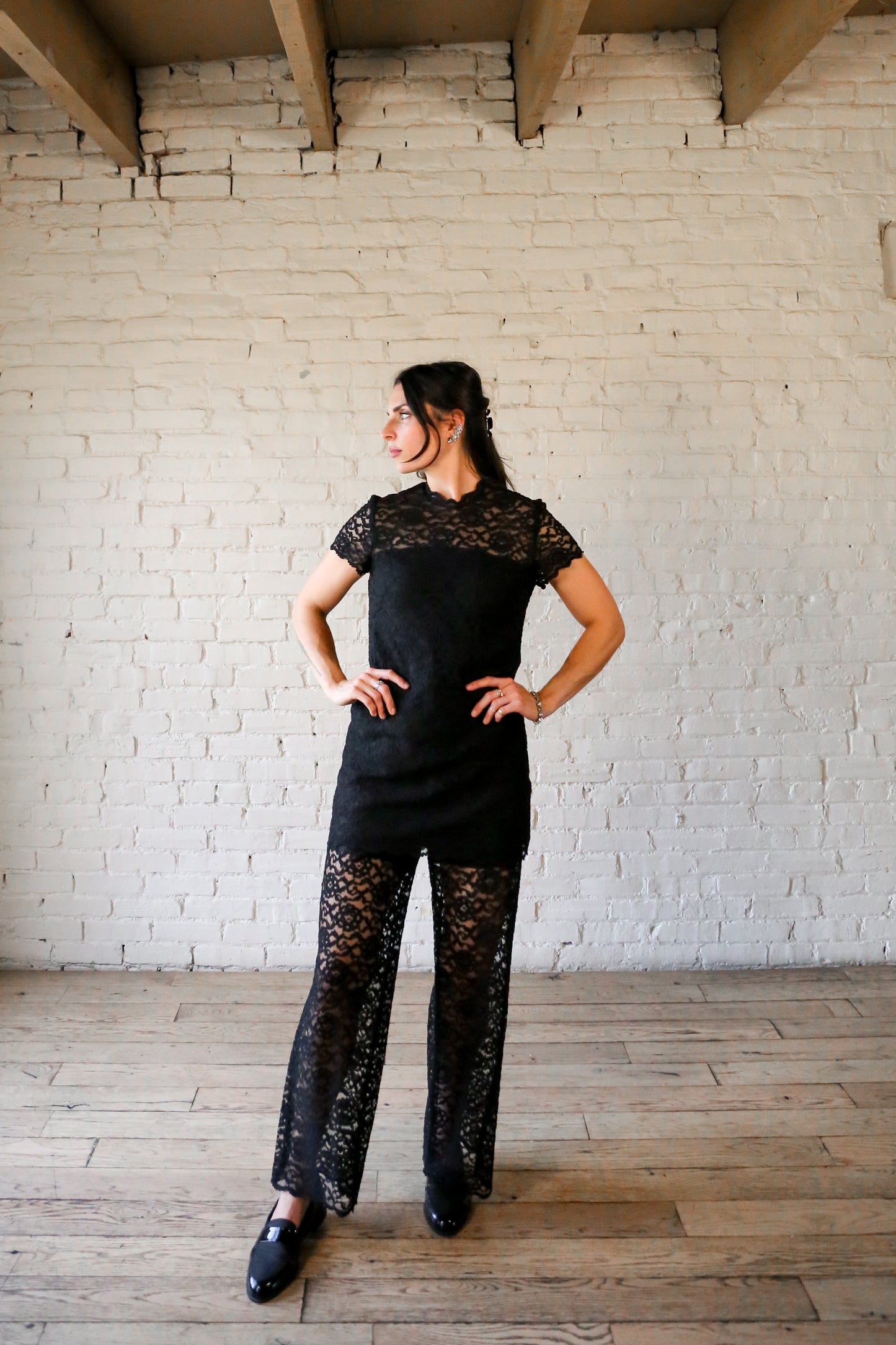 1960s black lace tunic and sheer pant set