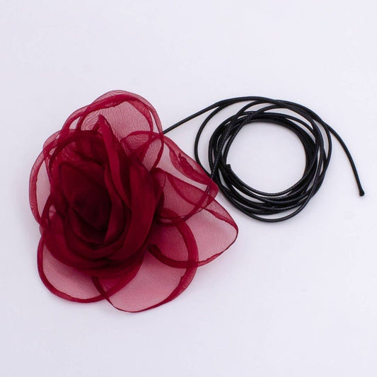 Handmade Maroon Tulle Rose Necklace