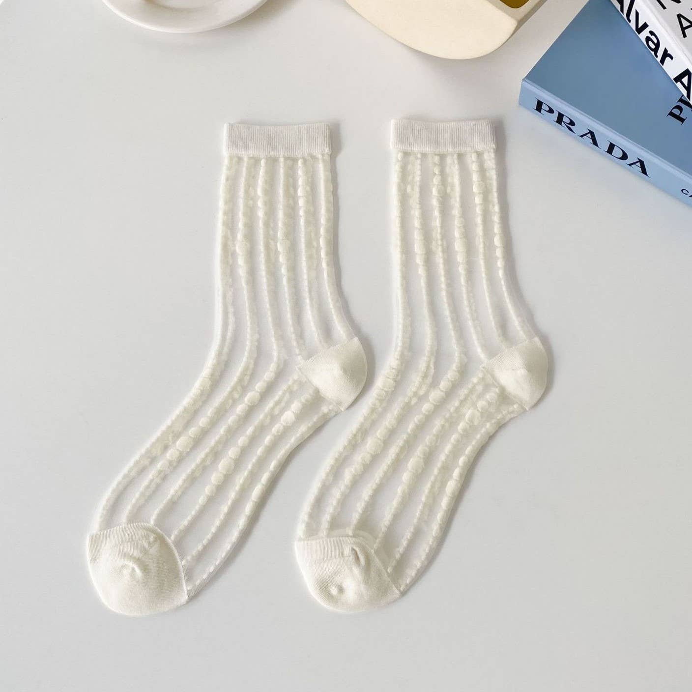 Trendy vertical bar Dots Sheer Mesh Socks: White / M