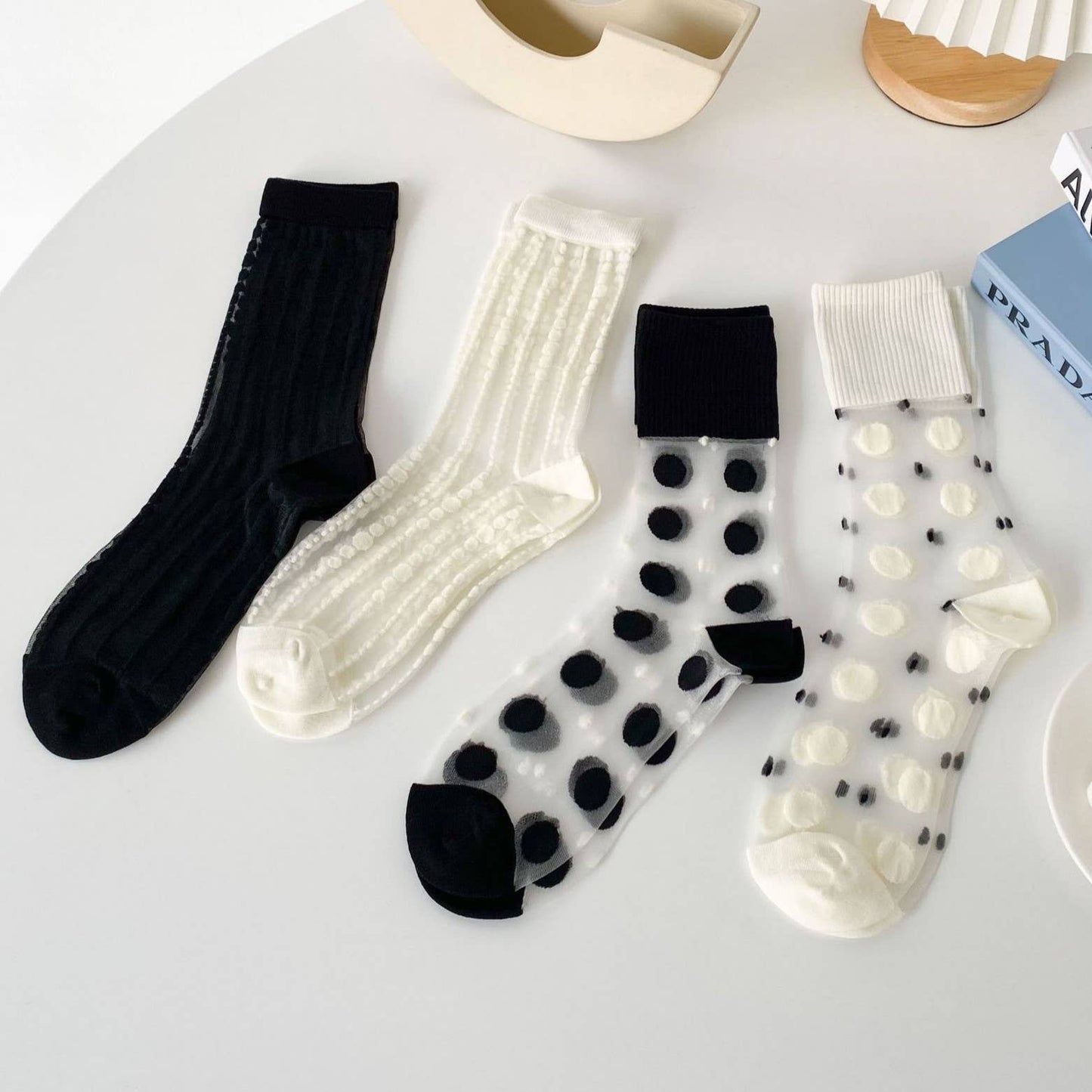 Trendy vertical bar Dots Sheer Mesh Socks: White / M