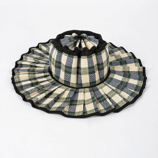Checkered Straw Sun Hat: Black/navy/green