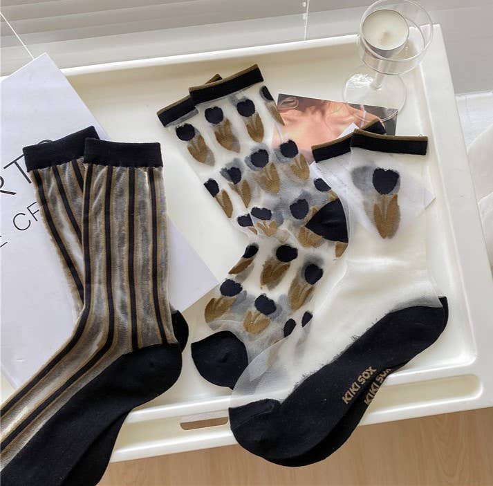 Black Tulip Sheer Mesh Socks: Flowers / M