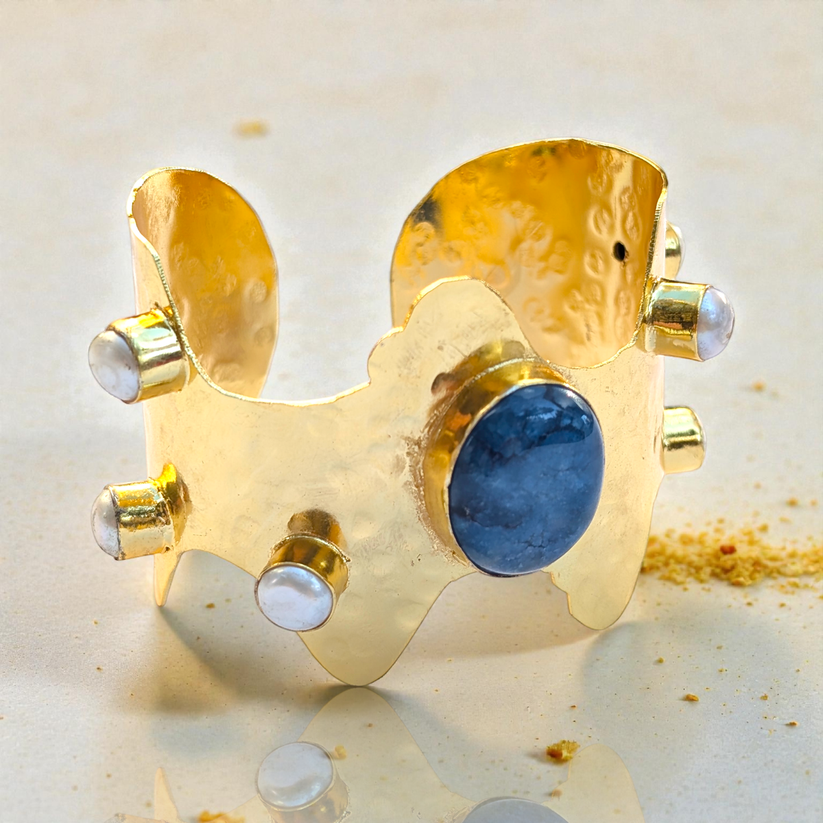 Blue Quartz Handmade Statement Gold Cuff Bracelet