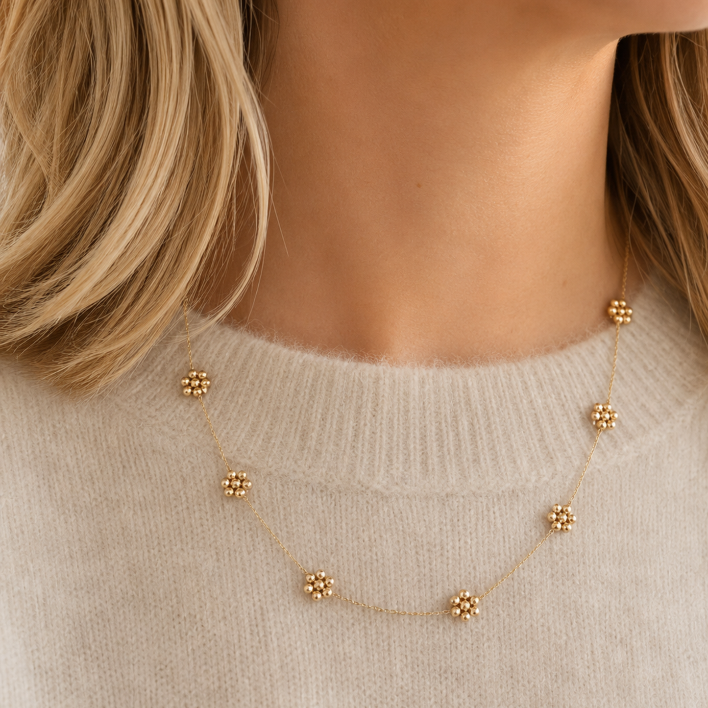 Dainty Golden Bead Flower Necklace
