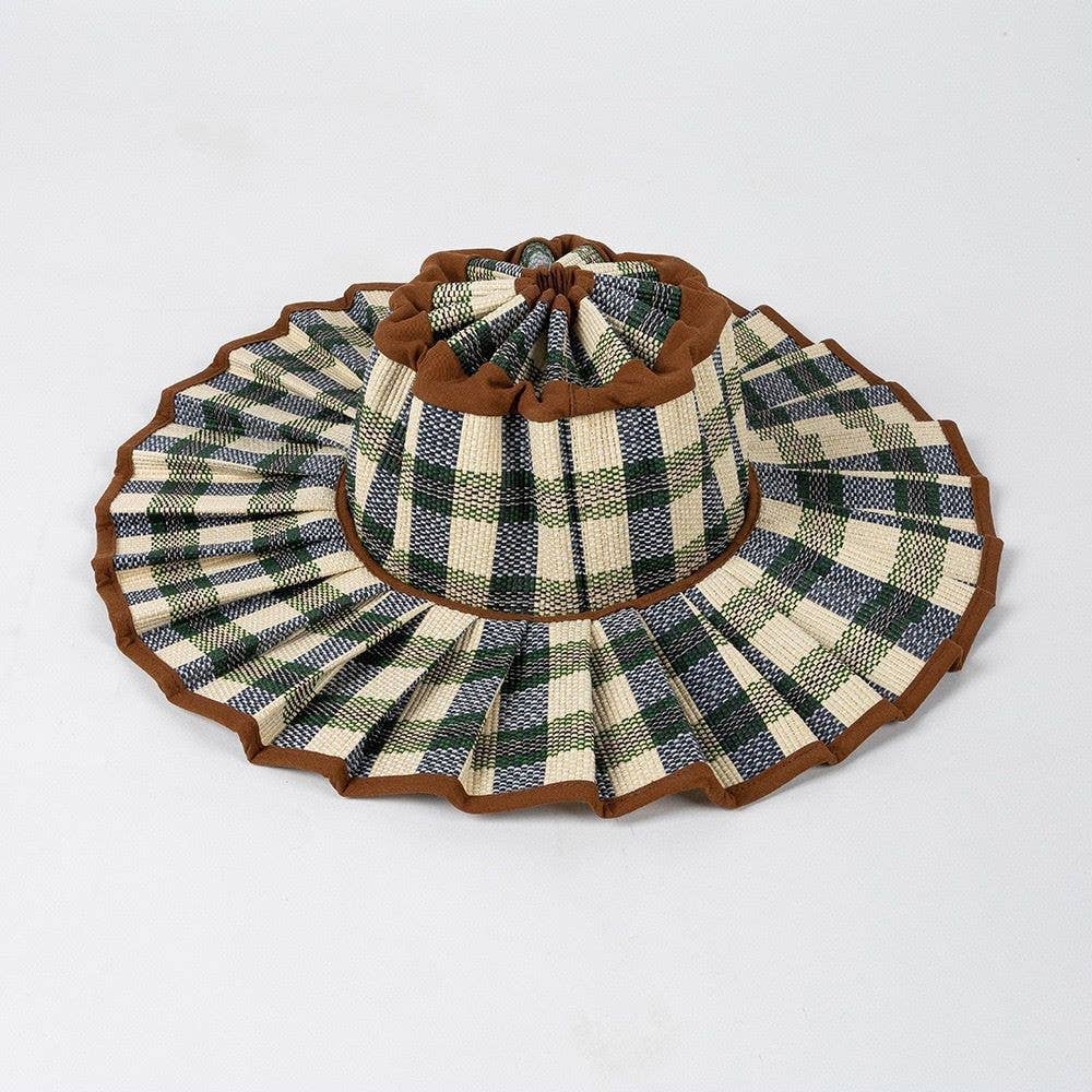 Checkered Straw Sun Hat: Black/navy/green