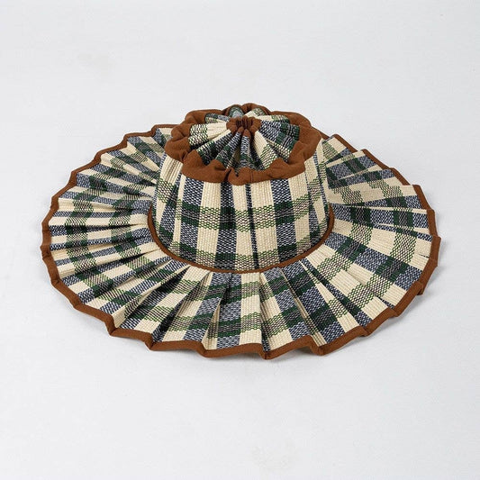 Checkered Straw Sun Hat: Coffee/navy/green