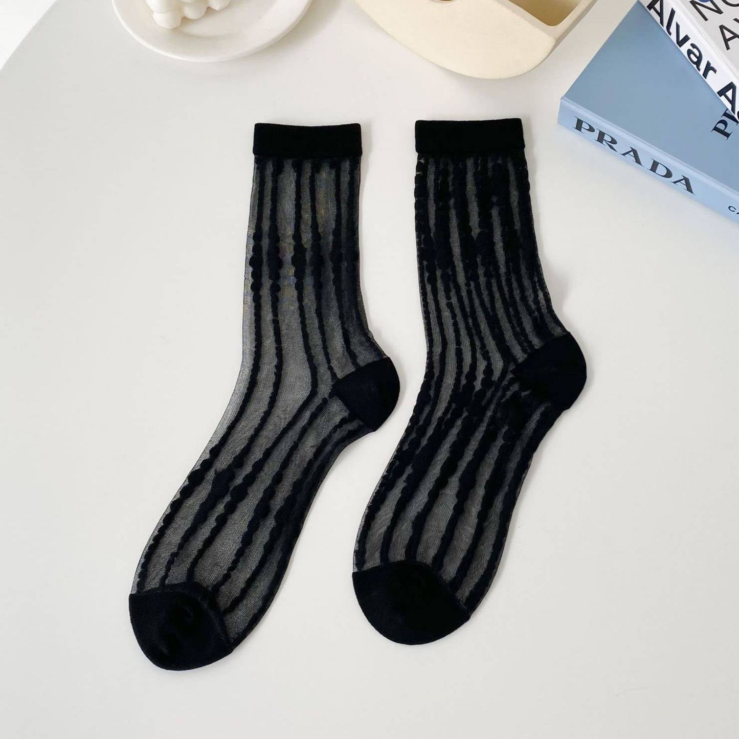 Trendy vertical bar Dots Sheer Mesh Socks: Black / M