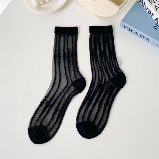 Trendy vertical bar Dots Sheer Mesh Socks: Black / M