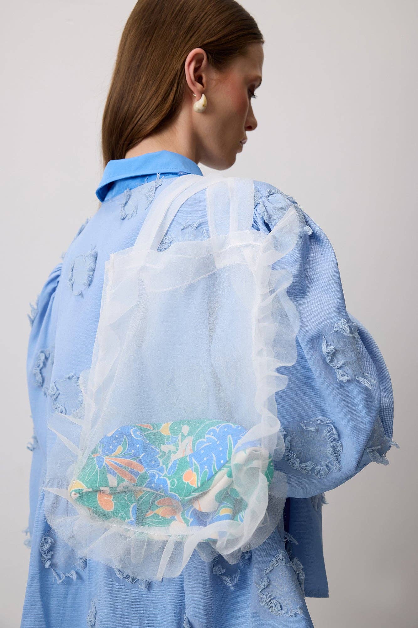Sheer Organza Tote with Ruffle Trim