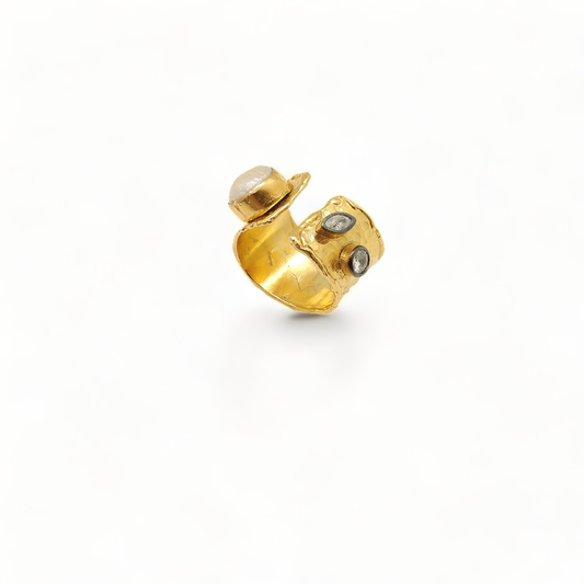 Gold Wide Band Pearl and White Cz Handmade Adjustable Ring
